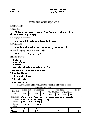 Đề kiểm tra giữa học kì II môn Công nghệ 6 - Năm học 2021-2022
